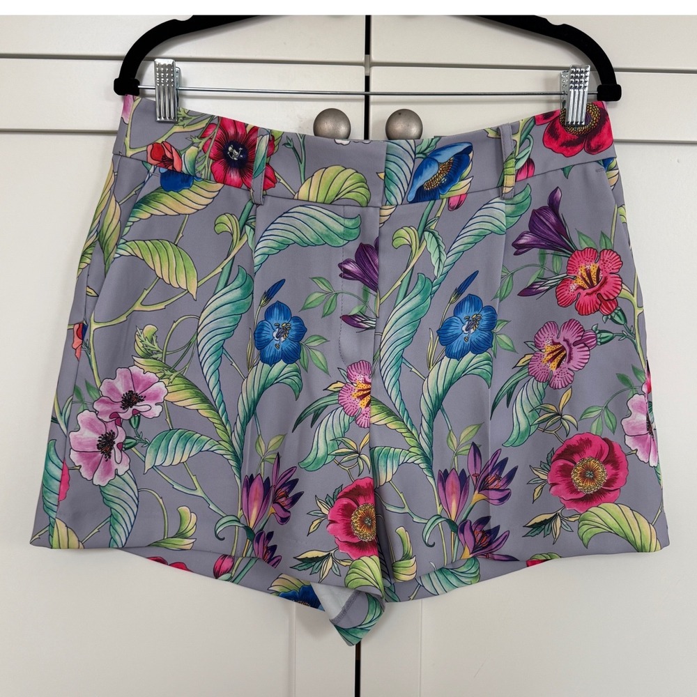 Ann Taylor Floral Print Shorts Women Size 10 High Rise Pleated Gray Blue Pink